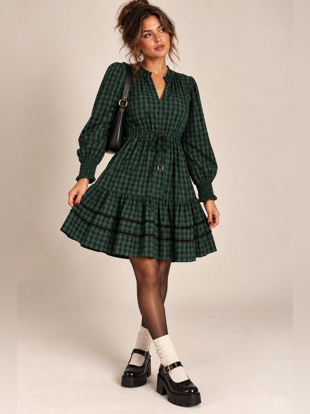 Draper James RSVP Green Black Gingham Dress Holiday Fall Whimsigoth Plaid M